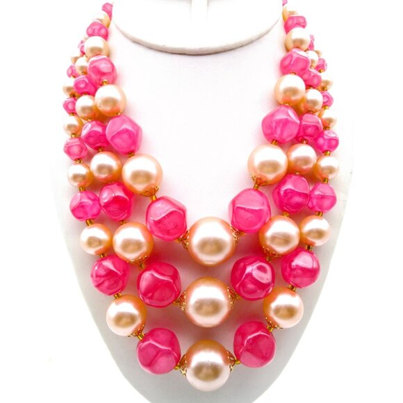 Vintage Beaded Triple Strand Necklace, Hong Kong Faux Pearls and Chunky Bubblegu - Picture 1 of 2